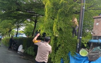 Bhabinkamtibmas Kelurahan Mappasaile bersama staf kelurahan lakukan pemangkasan ranting di jembatan baru Jl. Jeruk